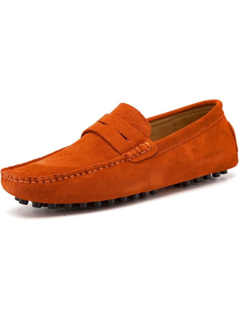 Go Tour Men's Orange Suede Leather Loafers Penny Slip On Flats Comfortable Shoes